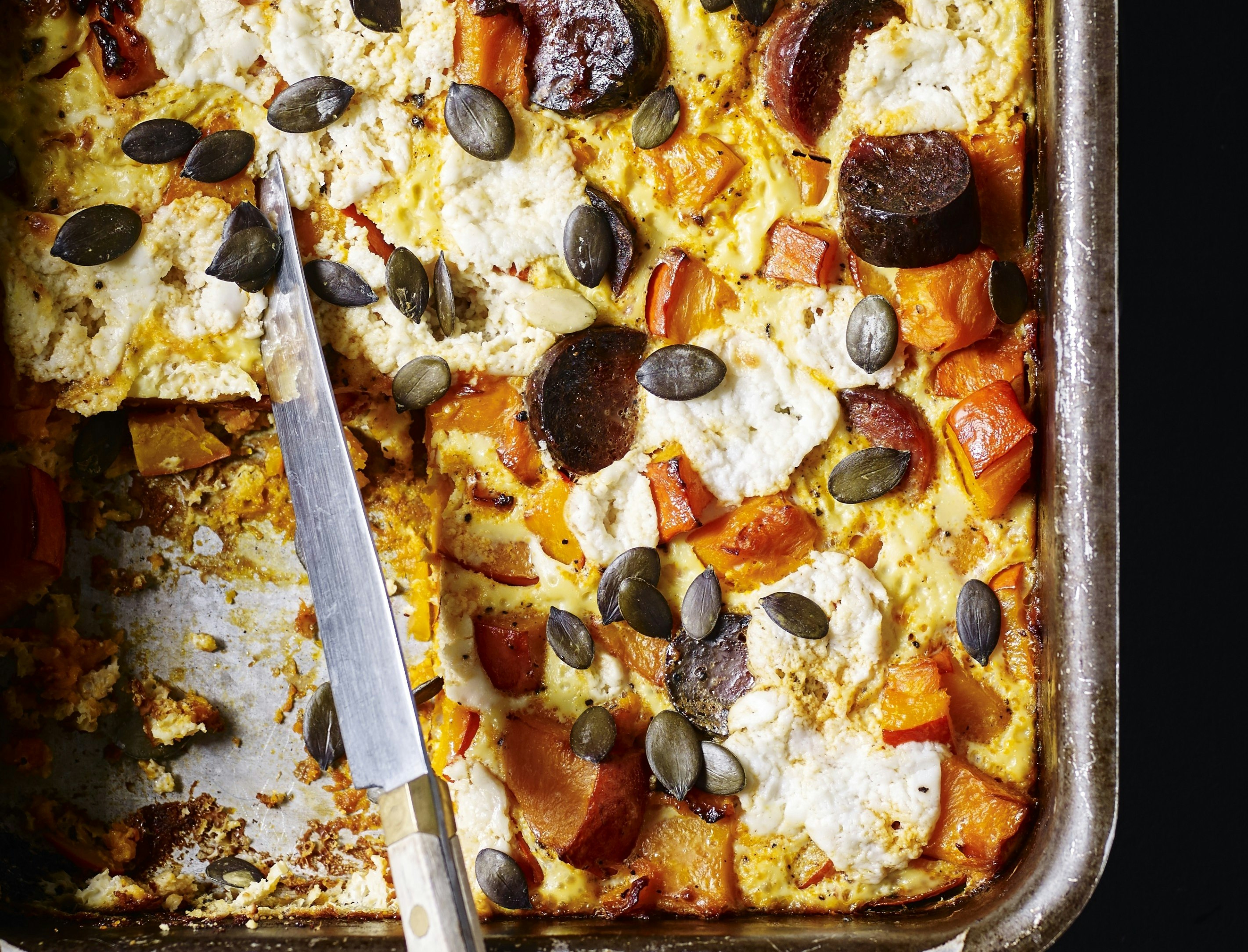 Æggekage med chorizo og græskar