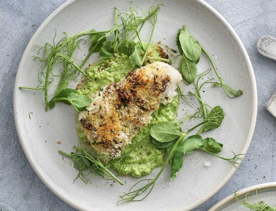 Bagt torsk med urterasp og ærtepuré
