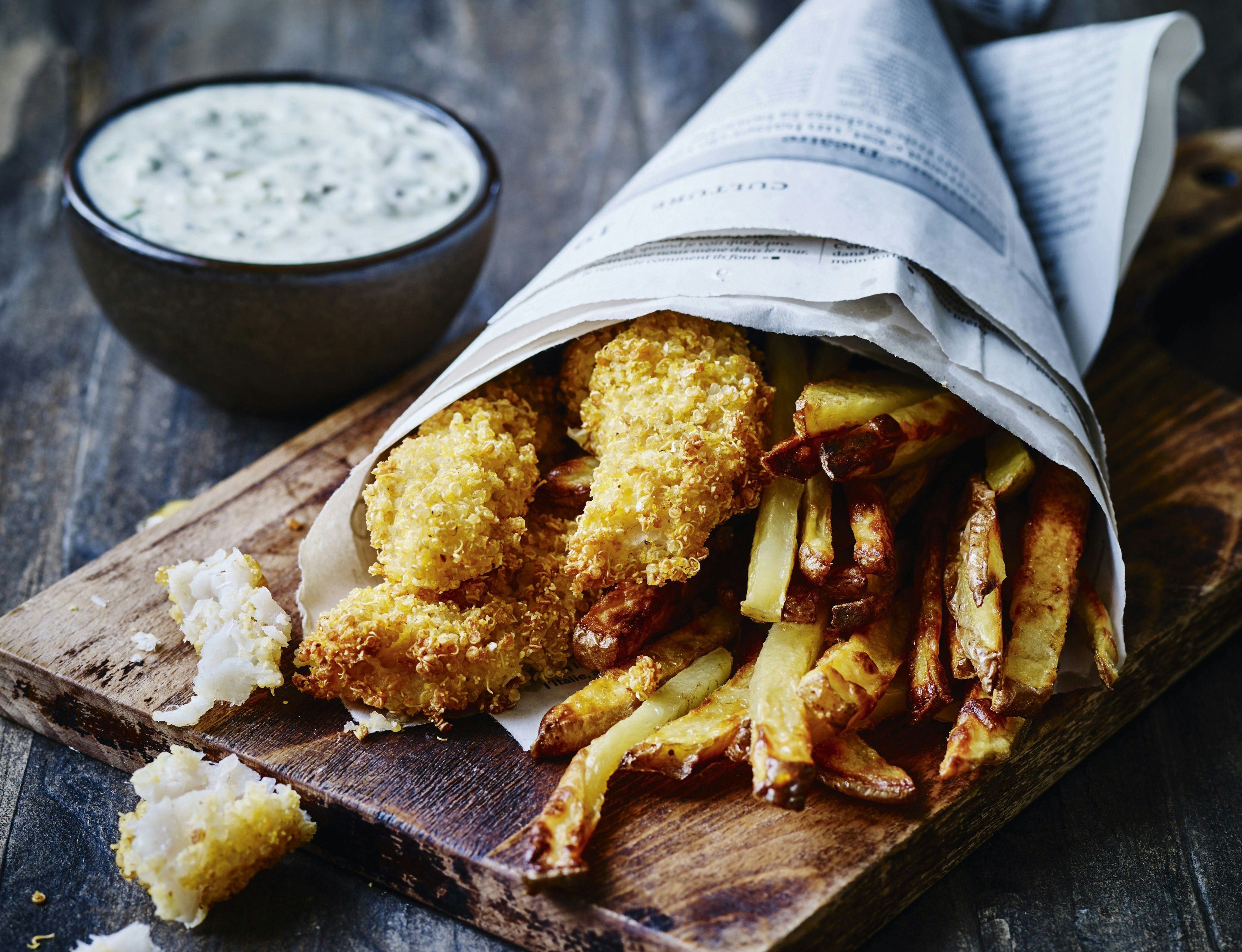 Fish and chips med quinoa-panering og tatarsauce