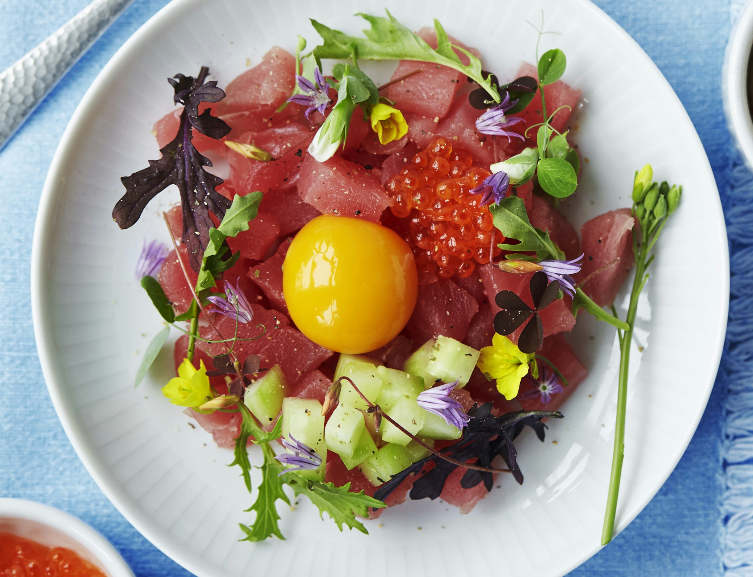 Frisk tun med æggeblomme