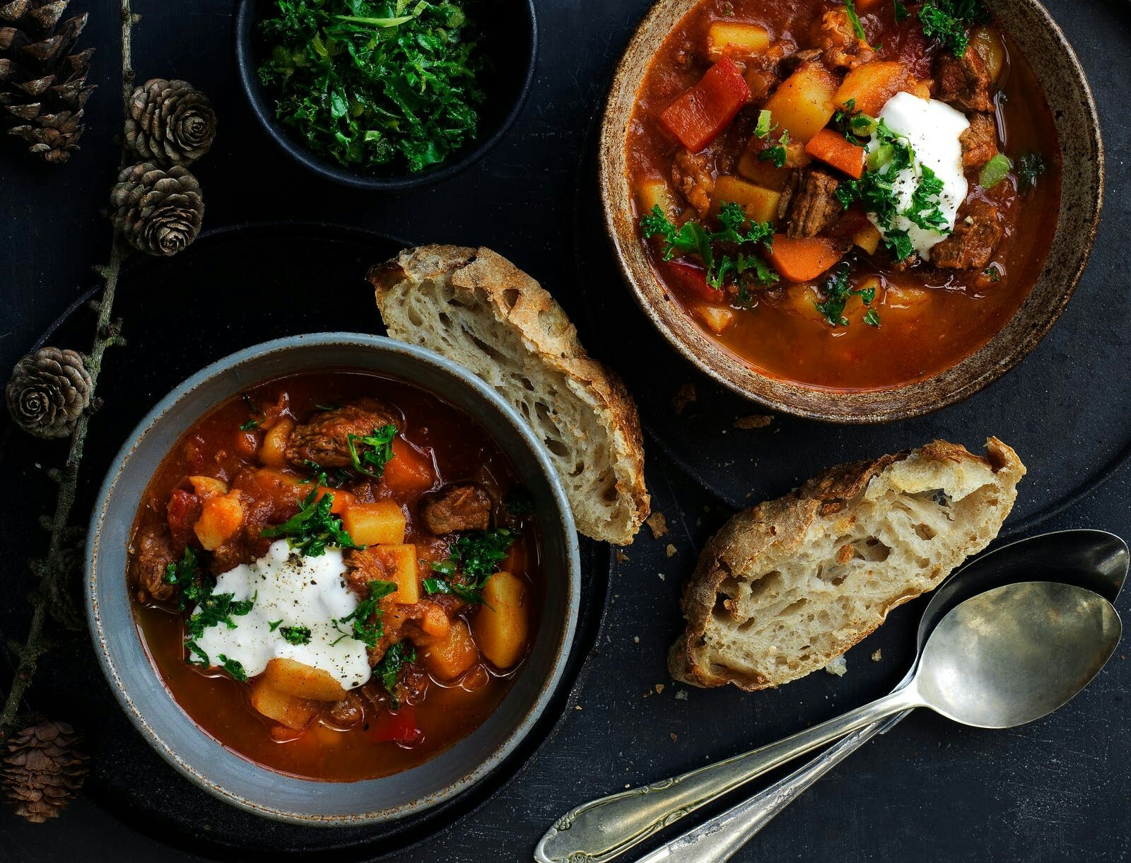 Gullaschsuppe med oksekød, cremefraiche og sprød grønkål