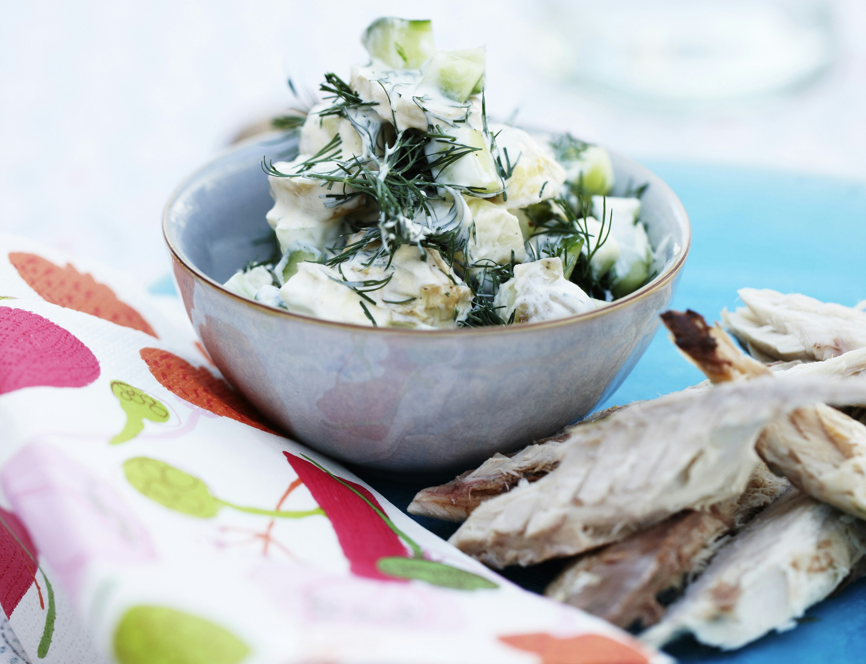 Røget makrel og kartoffelsalat med agurk