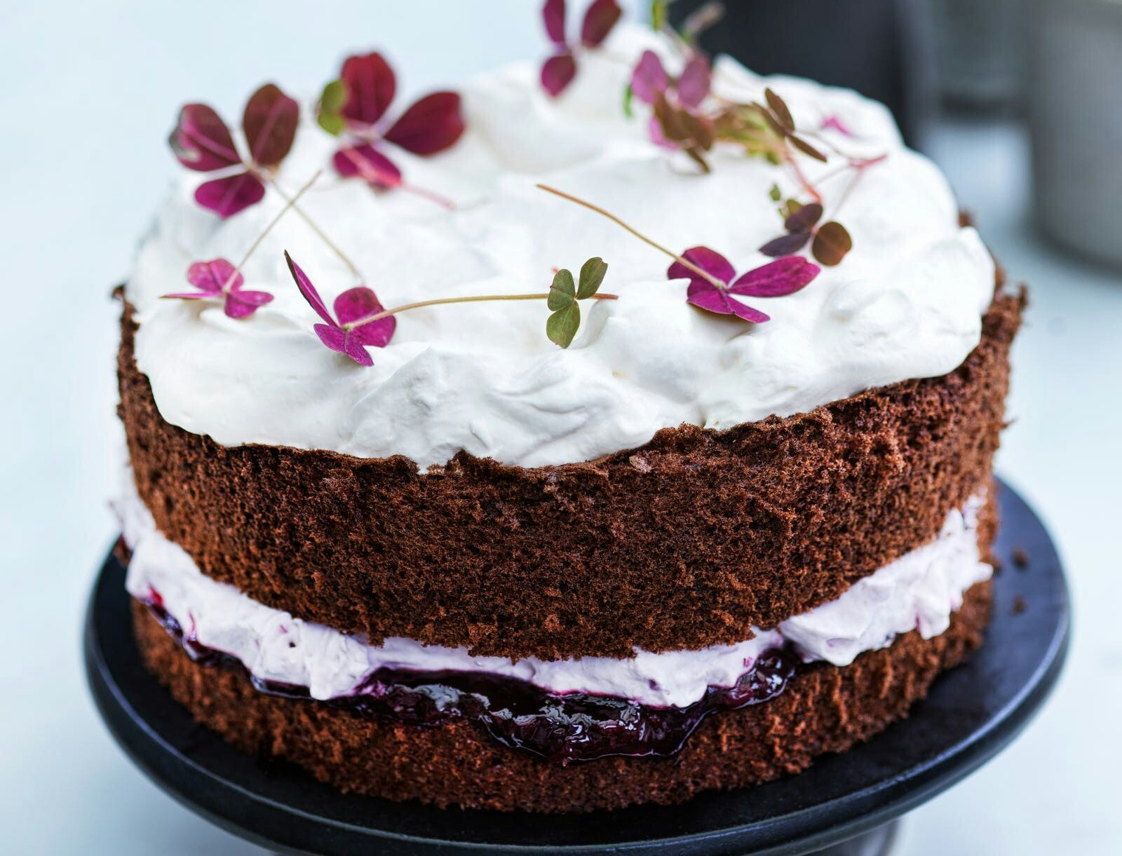 Rugbrødslagkage med solbærmarmelade og flødeskum
