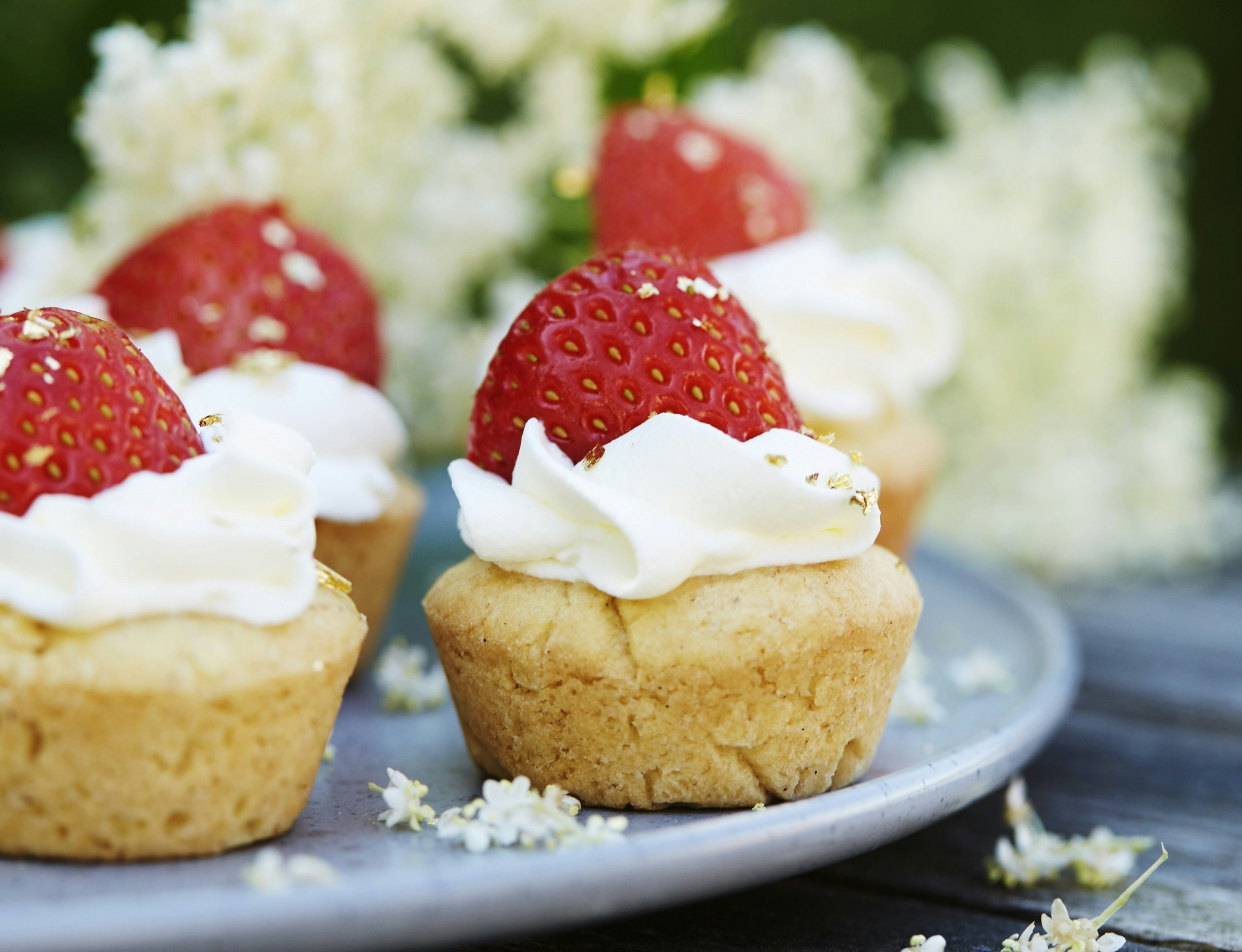 Små jordbærkager med hyldeblomstcreme