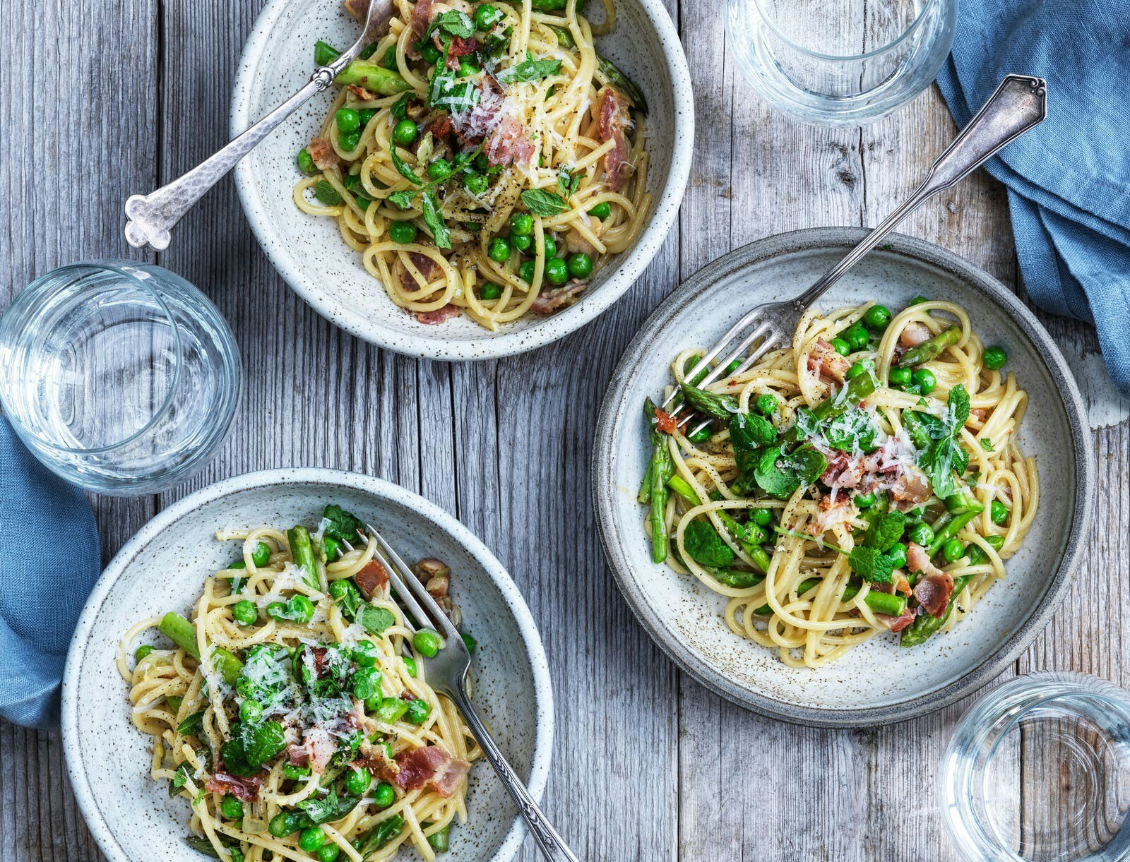 Spaghetti carbonara med asparges, ærter og mynte