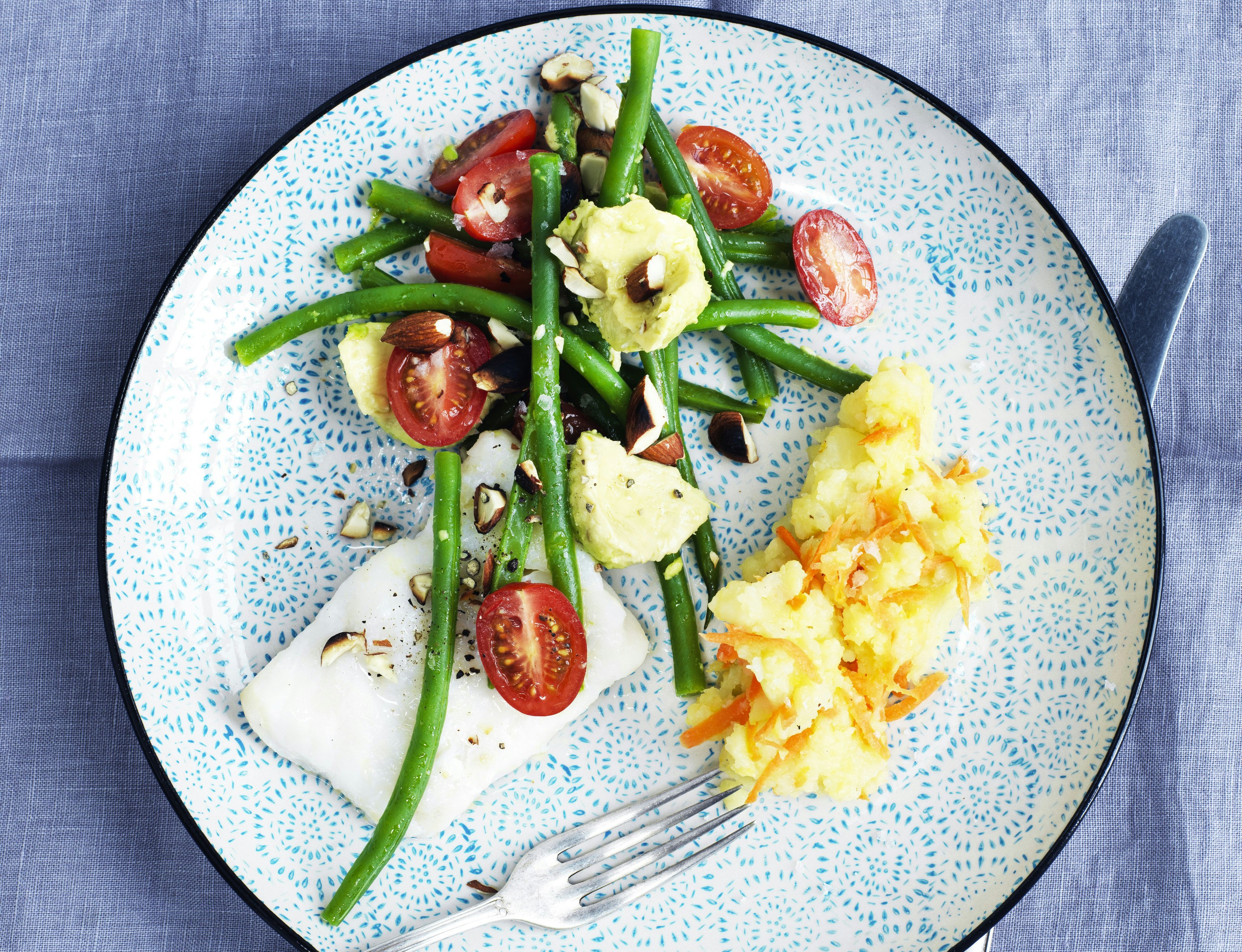 Syltet torsk med grov mos og bønnesalat